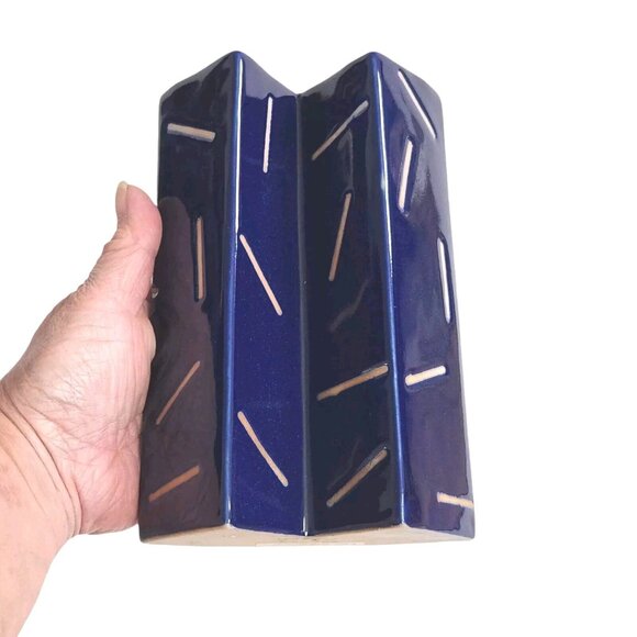 Vintage Stoneware Geometric Vase Retro MCM Rare HTF Cobalt Blue Glazed 6 5/8" - Picture 5 of 14